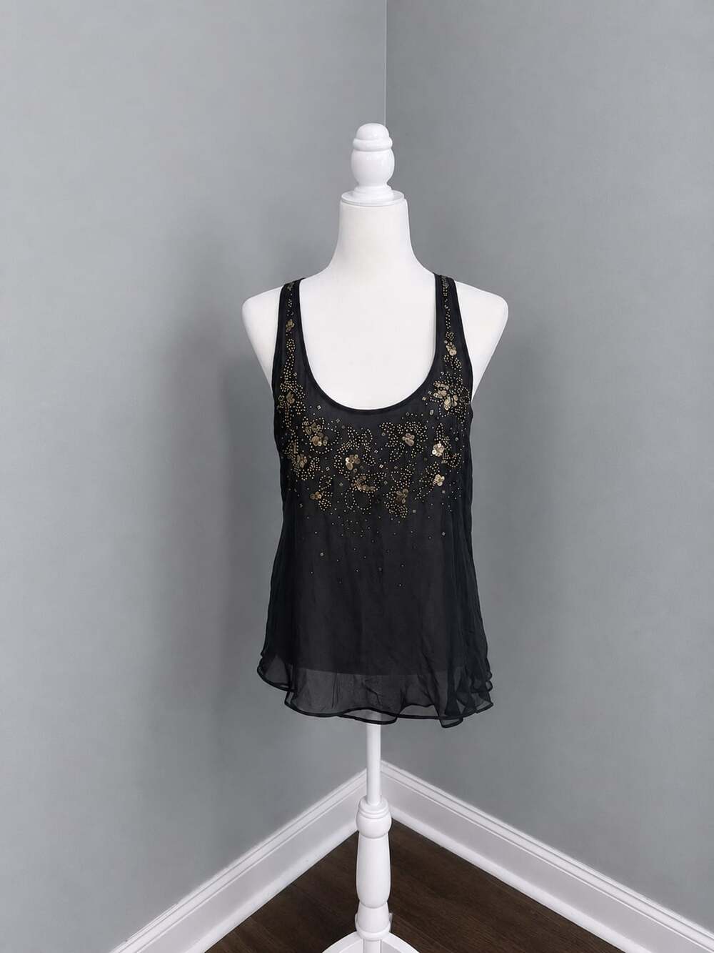 Abercrombie and Fitch Navy Sheer Tank Gold Sequin and Bead Embellishment